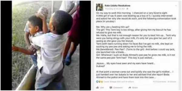 8-Year-Old Girl Beats Up Little Boy For Not Giving Him Milk After Sucking His 